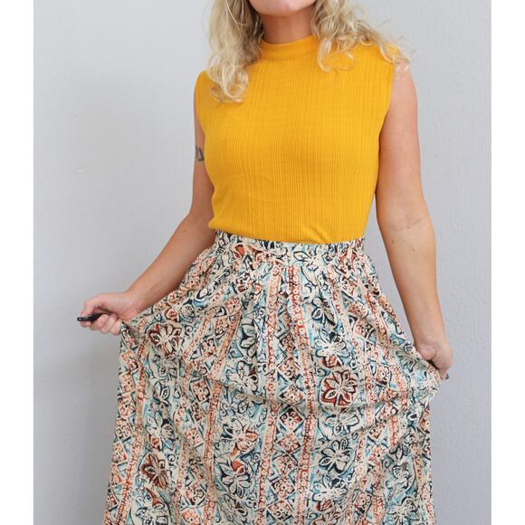 1980's Vintage Norton McNaughton Clay & Teal Skirt ~ Women's XS to SM ~Midi Day - Picture 9 of 10